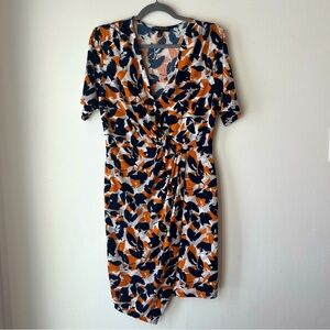 Banana Republic Wrap Front Dress Size Small, Navy Orange Abstract Print Stretch